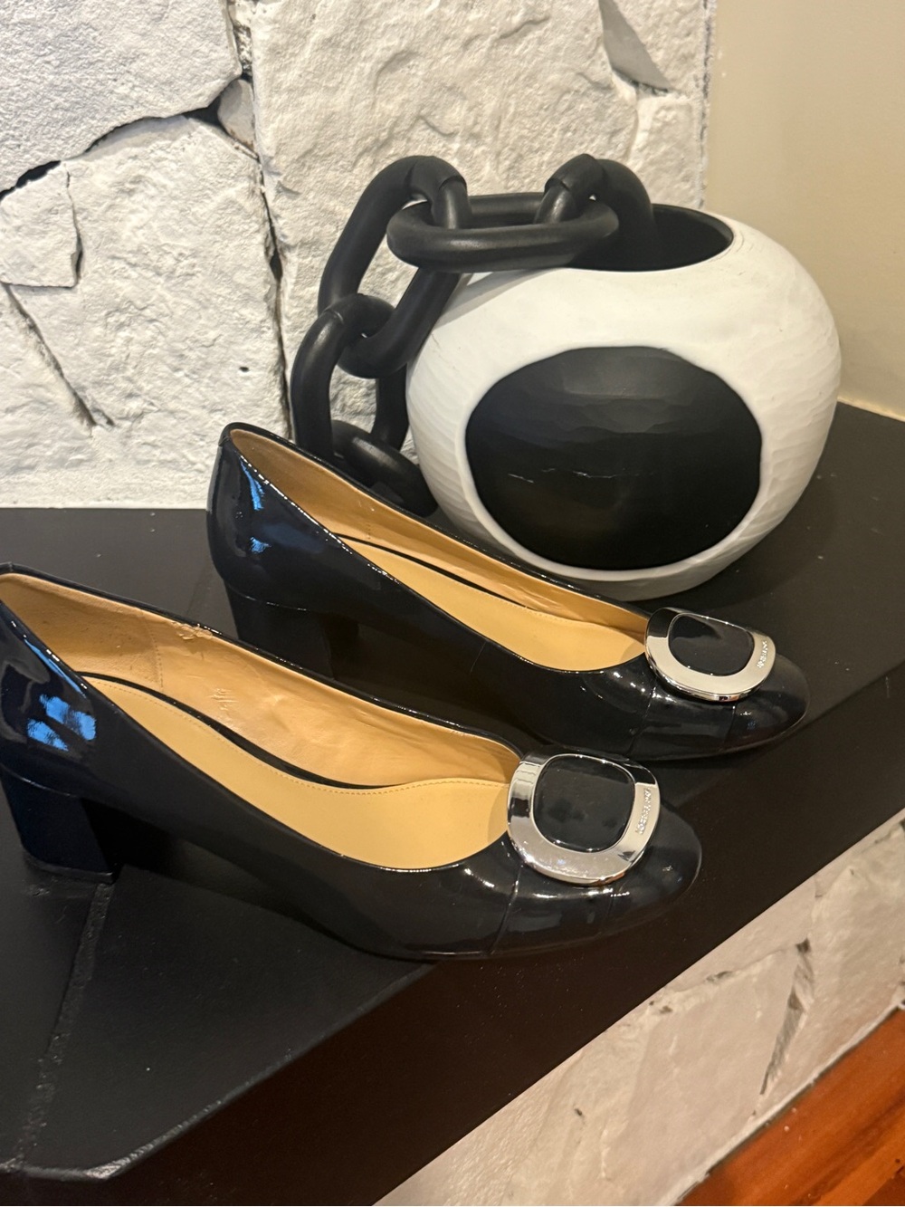 Michael Kors BluePatent Leather Block Heel Pumps with Silver Emblem